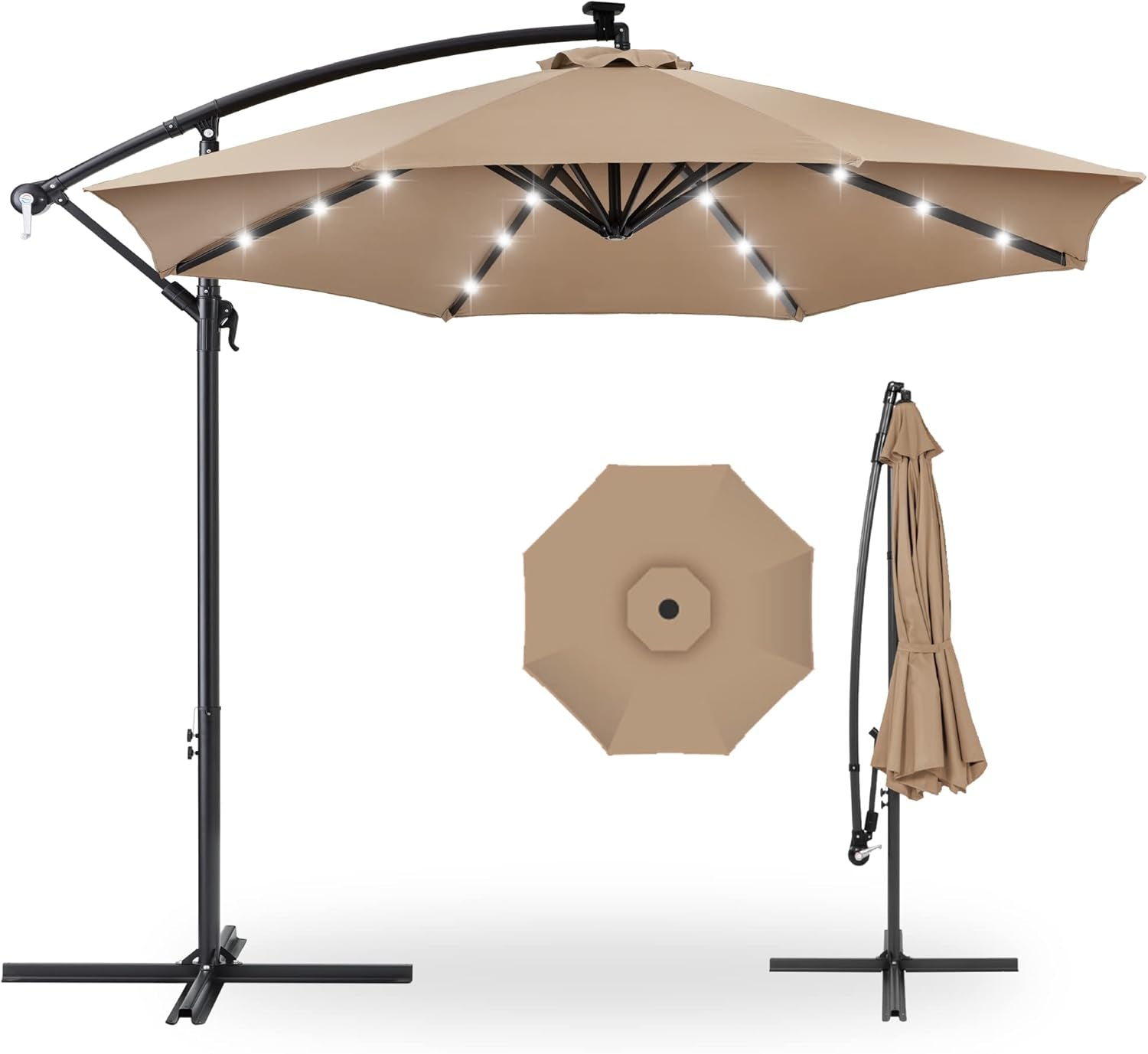 10Ft Solar LED Offset Hanging Market Patio Umbrella for Backyard, Poolside, Lawn and Garden W/Easy Tilt Adjustment, Polyester Shade, 8 Ribs - Tan-0