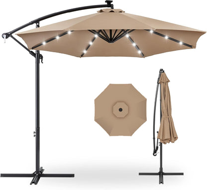 10Ft Solar LED Offset Hanging Market Patio Umbrella for Backyard, Poolside, Lawn and Garden W/Easy Tilt Adjustment, Polyester Shade, 8 Ribs - Tan-0