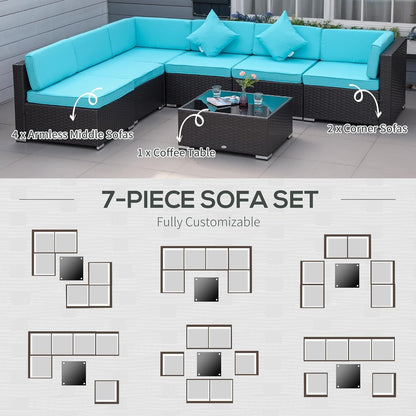 Turquoise Seven-Piece Outdoor Wicker Sectional Sofa Set-4