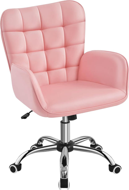 Faux Leather Office Chair Modern Vanity Chair Ergonomic Adjustable Makeup Chair with Padded Armrests Big Seat for Office, Study, Home, Pink-0