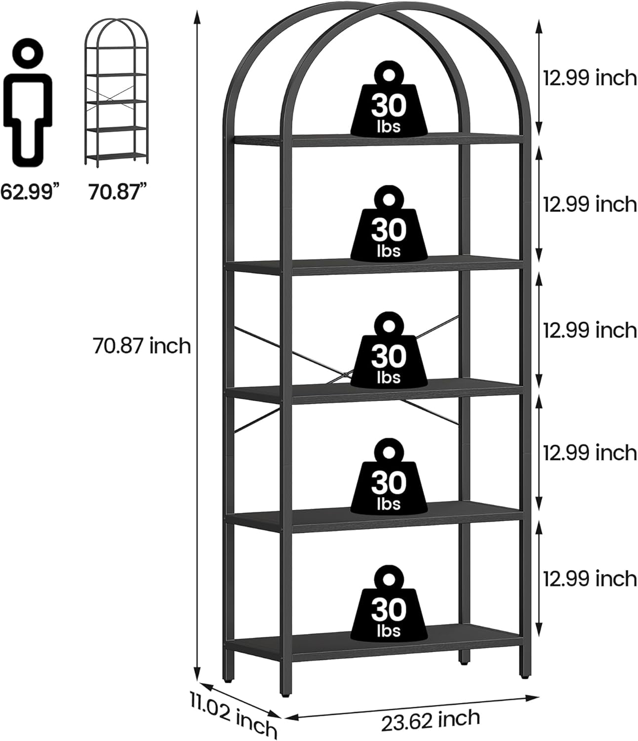Tall Black Arched Bookcase with 5 Open Shelves-2