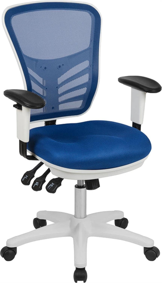 Nicholas Mid-Back Blue Mesh Multifunction Executive Swivel Ergonomic Office Chair with Adjustable Arms and White Frame-0