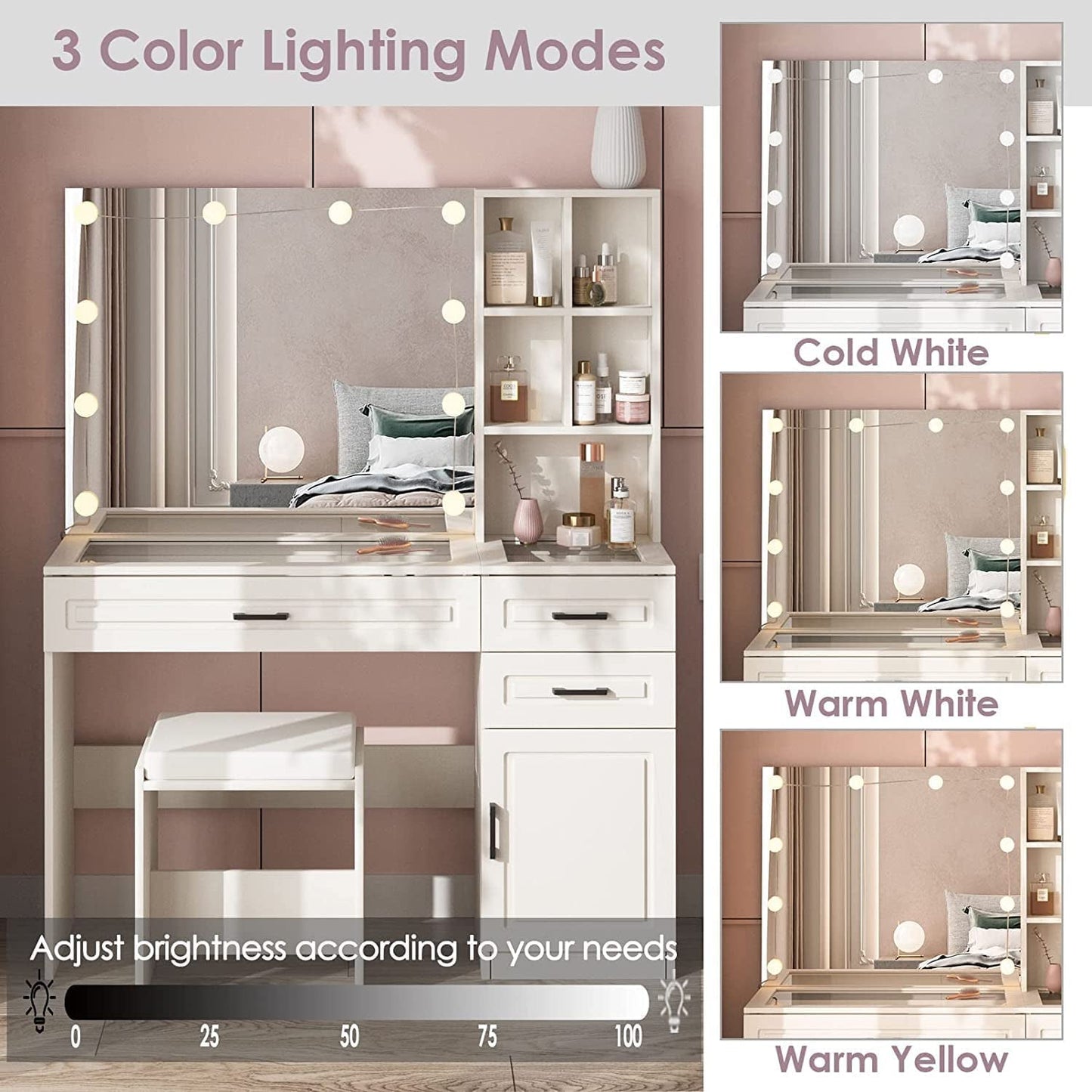 White Vanity Table Set with Glass Top-3