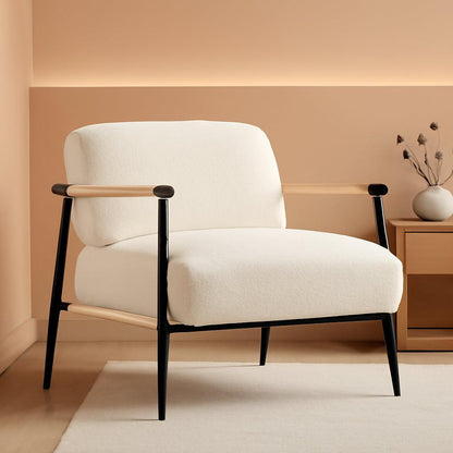 White Modern Accent Chair With Metal Frame And Wood Armrests-0