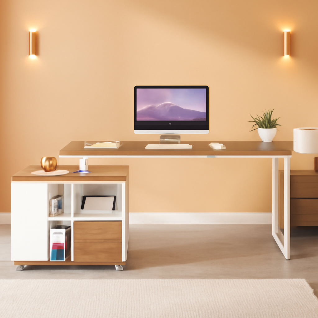 63" L Desk with File Cabinet Walnut White-0