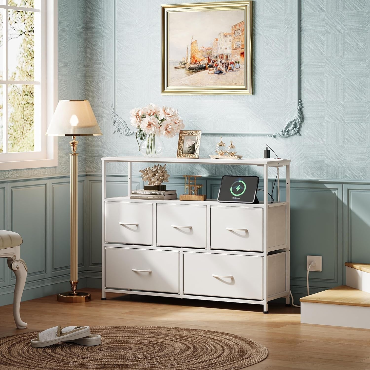 Dresser TV Stand for Bedroom, Entertainment Center with Open Shelf and Power Outlet, White Fabric Dressers with 5 Drawers, TV Stands for Closet-3