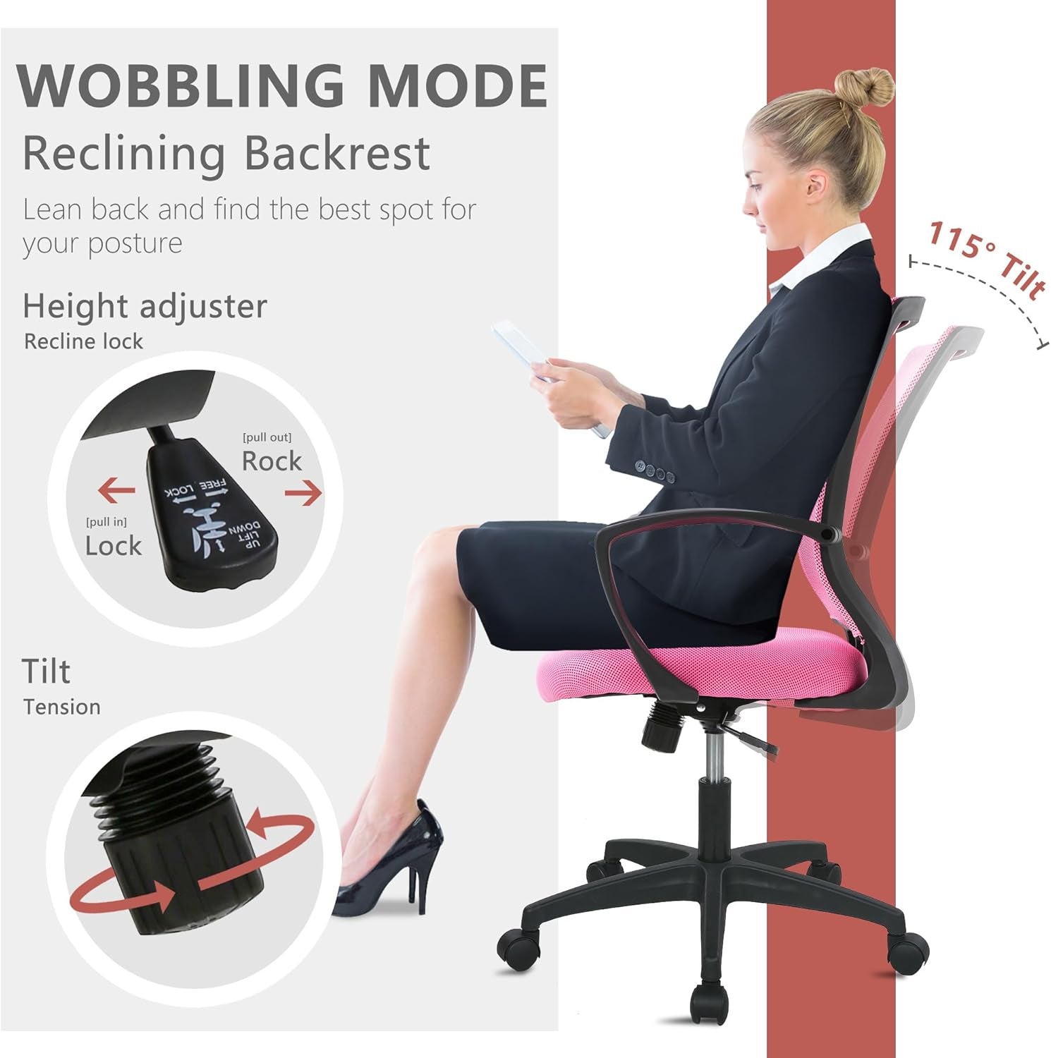 Office Computer Gaming Chair Ergonomic Mesh Desk Chair Adjustable Video Game Chairs with 360 Degrees Swivel Wheels Armrest Lumbar Support for Home Office,Pink-2