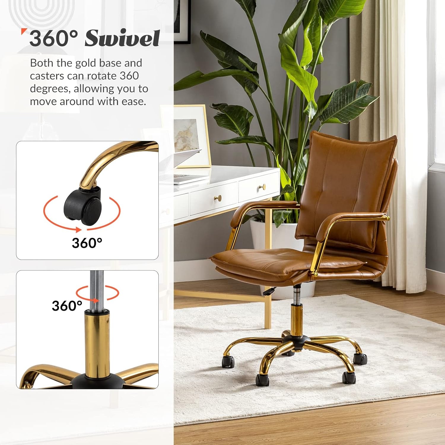 Faux Leather Home Office Desk Chair, Adjustable Swivel Computer Chair with Golden Legs and Arms, Comfy Upholstered Task Chair,Camel-3