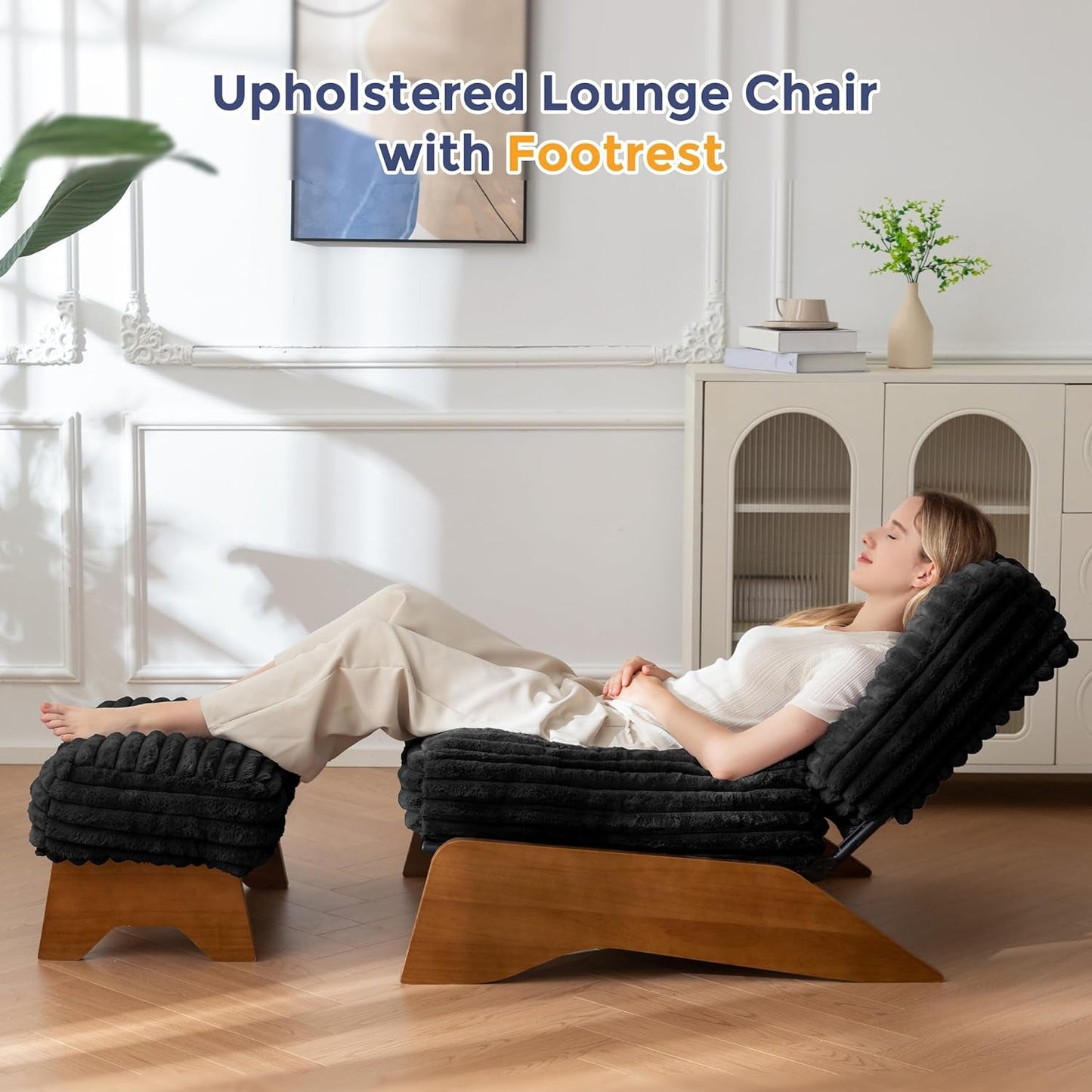 Black Adjustable Accent Chair With Ottoman Footrest-3