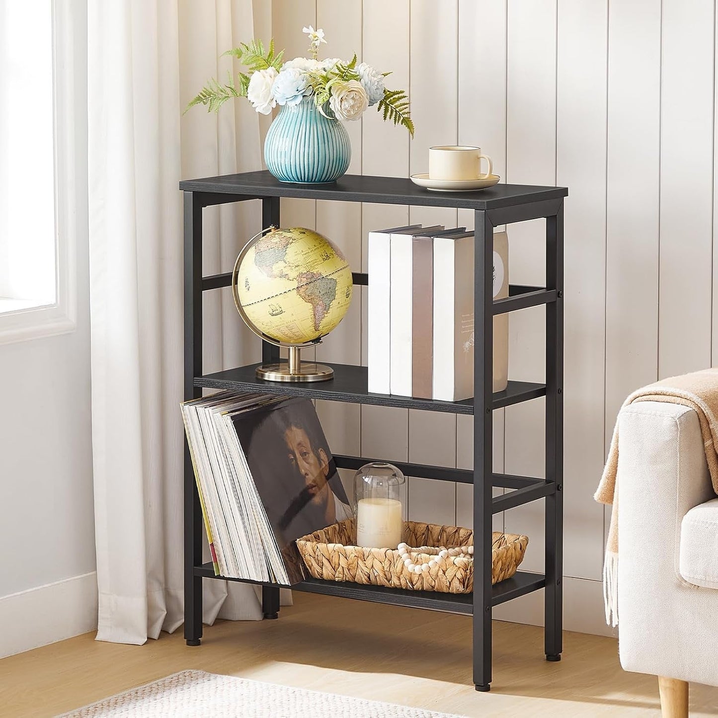 3 Tier Bookshelf, Industrial Bookcase, Record Storage Rack with Side Fence, Wood Storage Shelf with Metal Frame, Rustic Open Display Shelf for Living Room, Bedroom, Black BB86CJ01-3