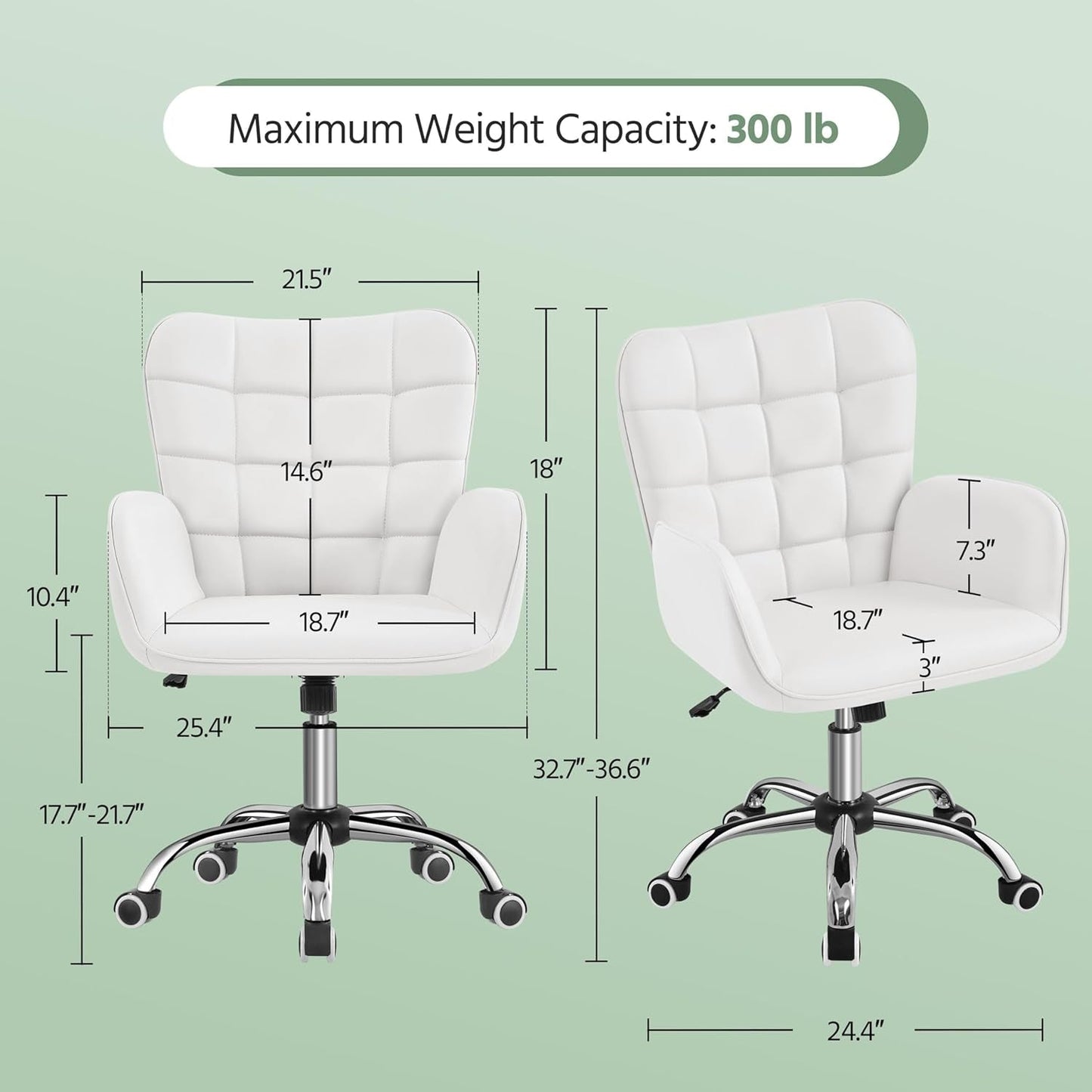 Faux Leather Office Chair Modern Vanity Chair Ergonomic Adjustable Makeup Chair with Padded Armrests Big Seat for Office, Bedroom, Living Room, White-2