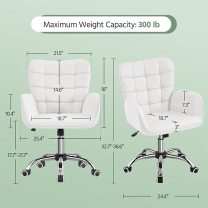 Faux Leather Office Chair Modern Vanity Chair Ergonomic Adjustable Makeup Chair with Padded Armrests Big Seat for Office, Bedroom, Living Room, White-2
