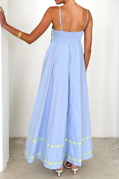 Floral Embroidered Spaghetti Strap Maxi Dress, Blue, Pink or Yellow  SM/MED/LG