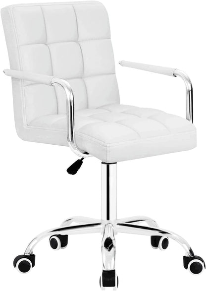 Desk Chair Modern Office Chair with Wheels PU Leather Mid-Back Rolling Chair for Office, Teen, and Bedroom Desks (White)-0