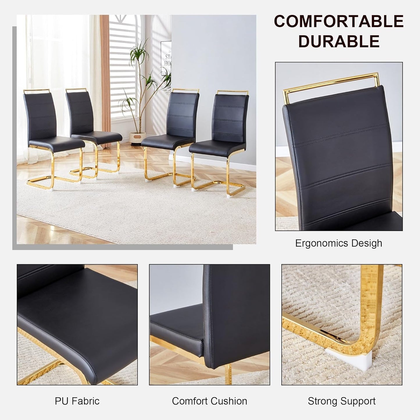 Modern Dining Chairs Set of 4, PU Faux Leather High Back Upholstered Dining Room Side Chair with Horizontal Stripe Backrest Design for Kitchen Living Room Dinner Chairs, Black with Gold Legs-4