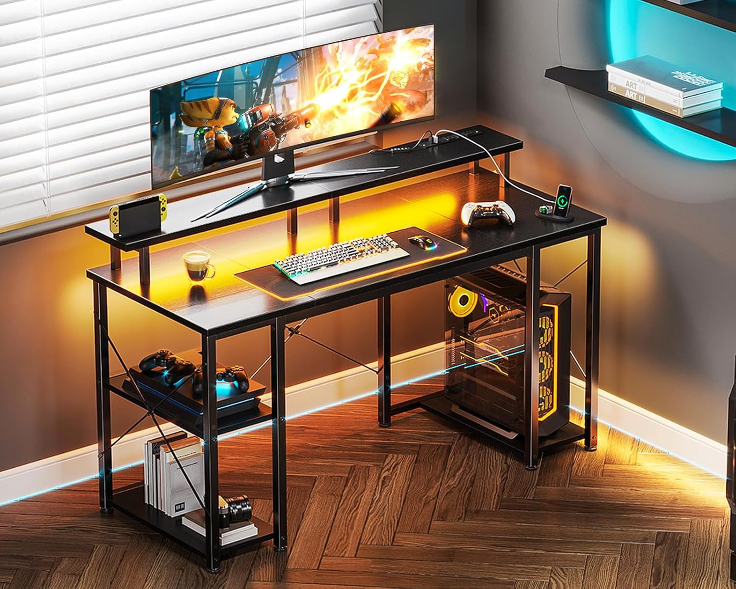 48 Inch Gaming Desk with LED Lights & Power Outlets, Computer Desk with Monitor Stand & Storage Sheves, CPU Stand, Home Office Desk, Black-1