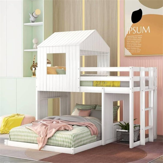 House Bunk Beds, Twin over Full Bunk Bed Wood Playhouse Bunkbed Low Bed Frame for Kids Toddlers Girls/Boys, White-0