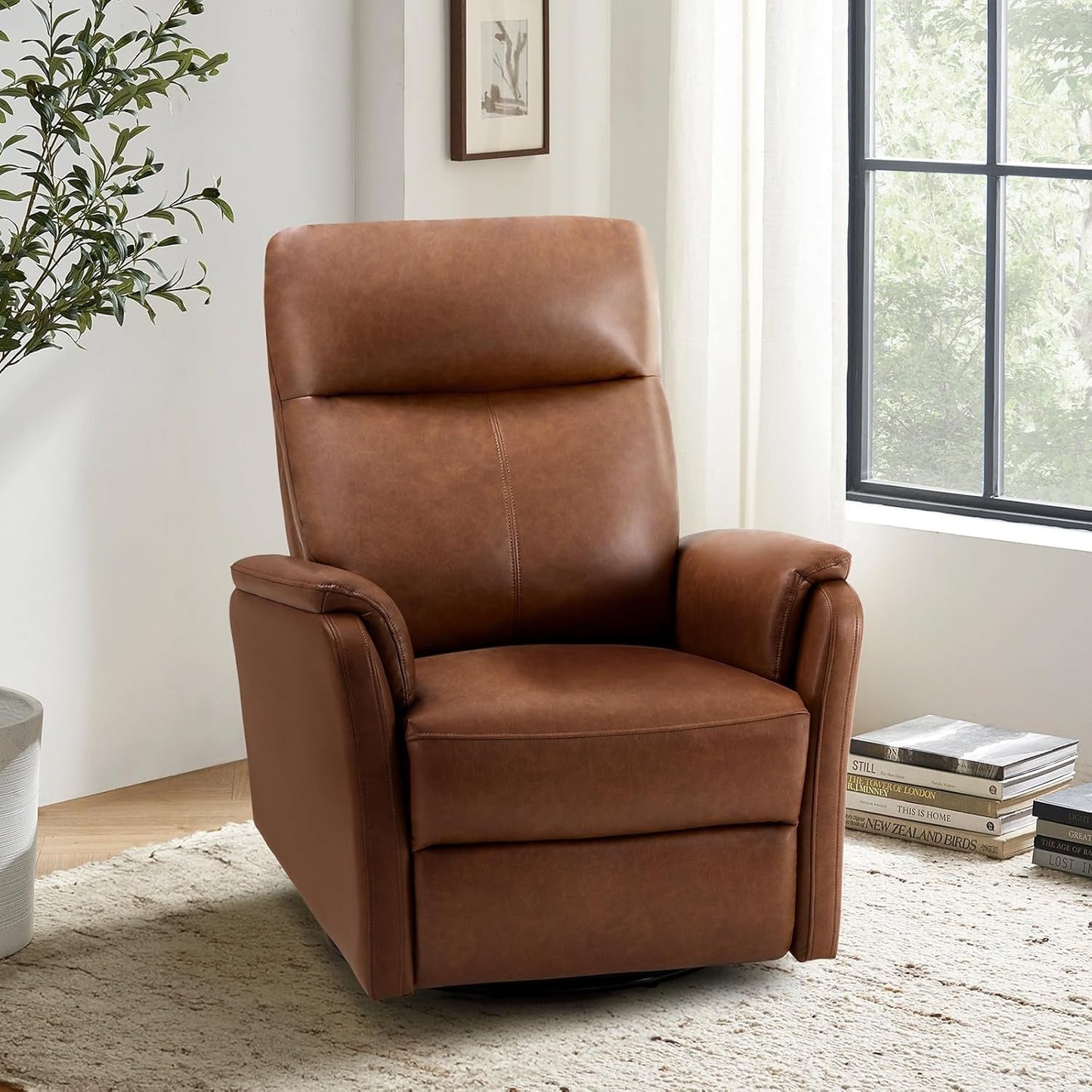 Swivel Rocking Recliner Glider Chair, Leather Nursery Reclining Rocker Chair with Footrest, Ergonomic Backrest, Wide Seat Cushion and Metal Base-Cocoa-2