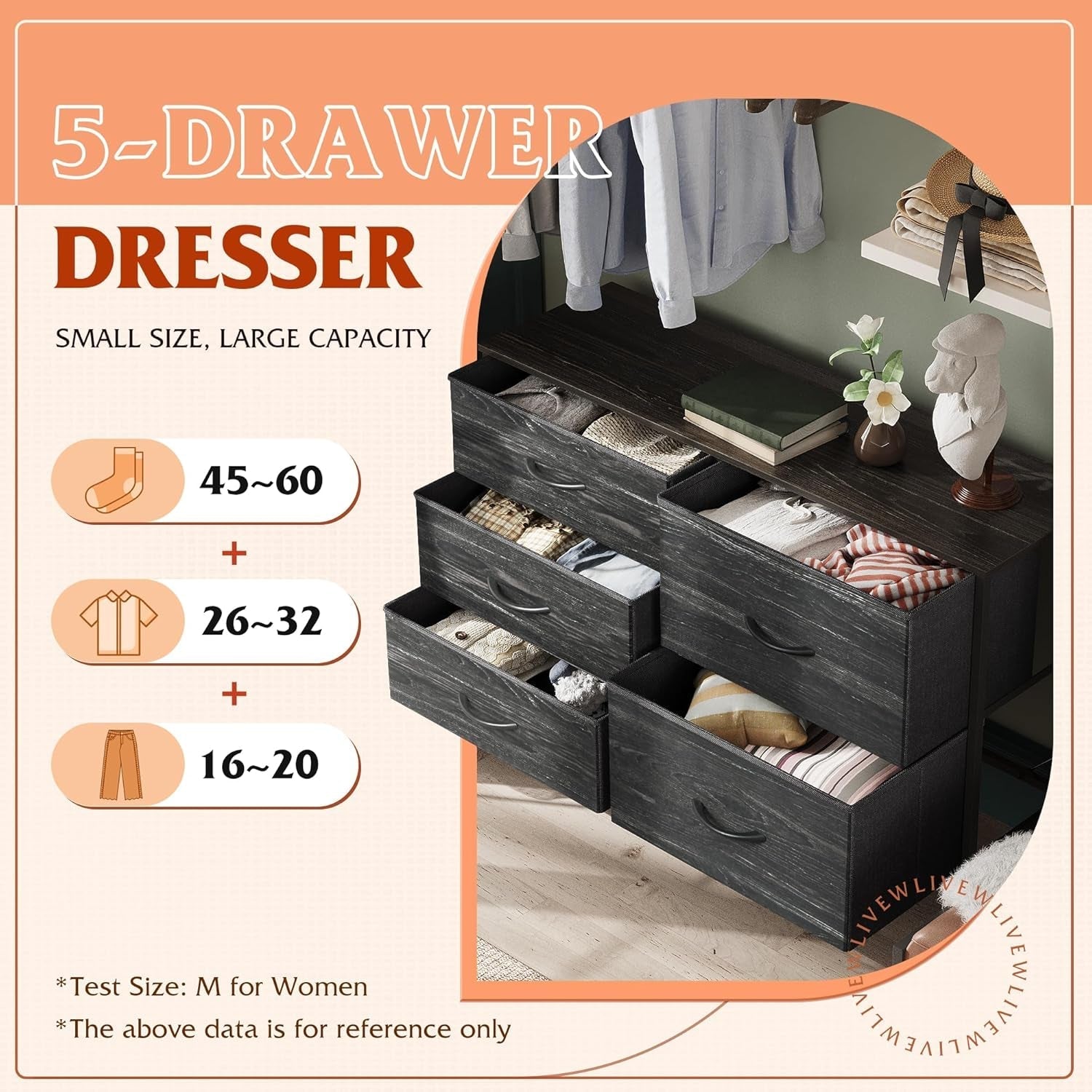 Dresser for Bedroom with 5 Drawers, Wide Bedroom Dresser with Drawer Organizers, Chest of Drawers, Fabric Dresser for Living Room, Closet, Hallway, Charcoal Black Wood Grain Print-3