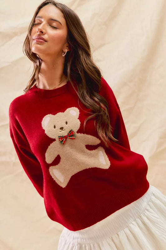 SO ME Teddy Bear With Check Ribbon Christmas Sweater