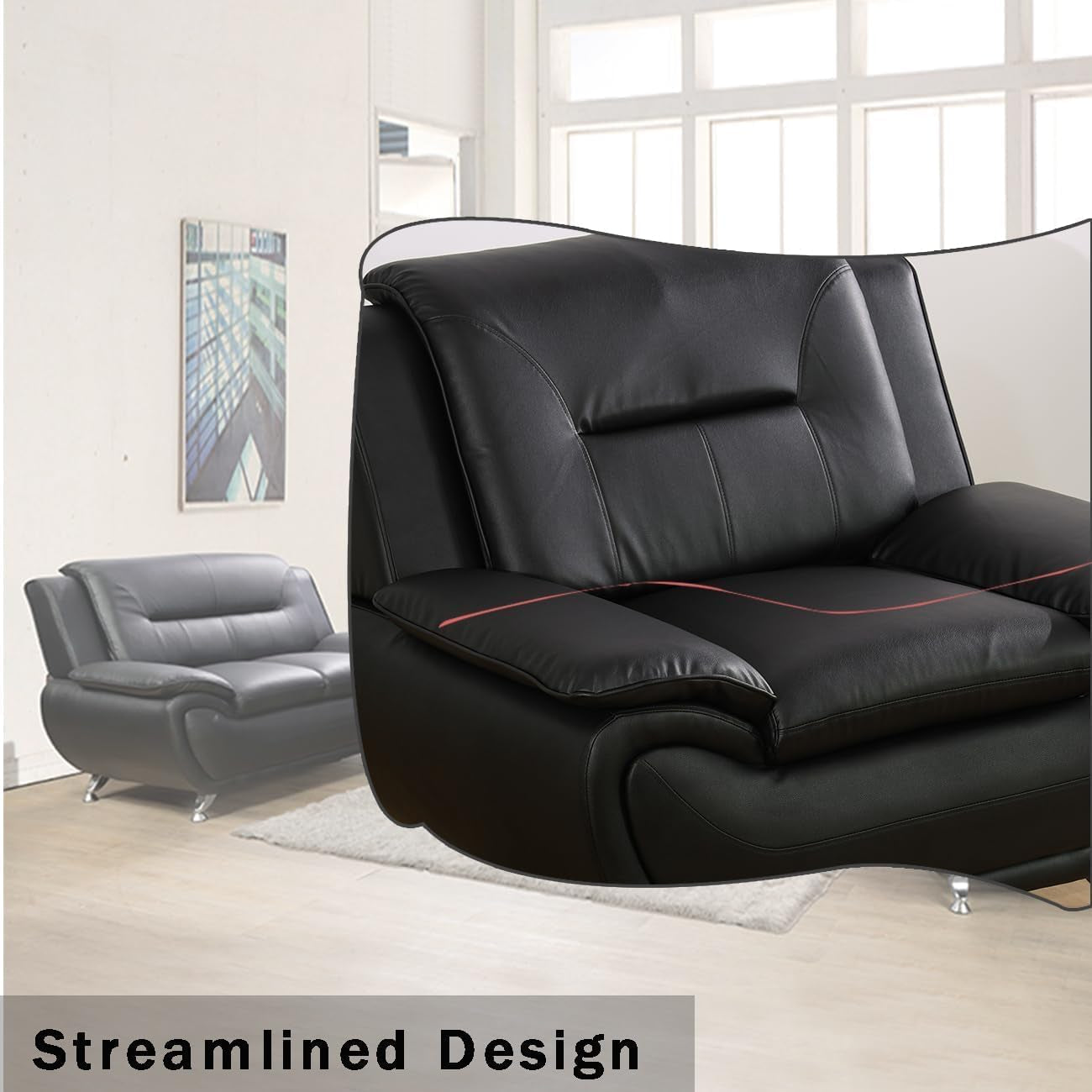 Contemporary Living Room Furniture Set, Faux Leather Sofa Set for Living Room/House/Bedroom/Office/Apartment (Black-B, Loveseat), F45&F46-4