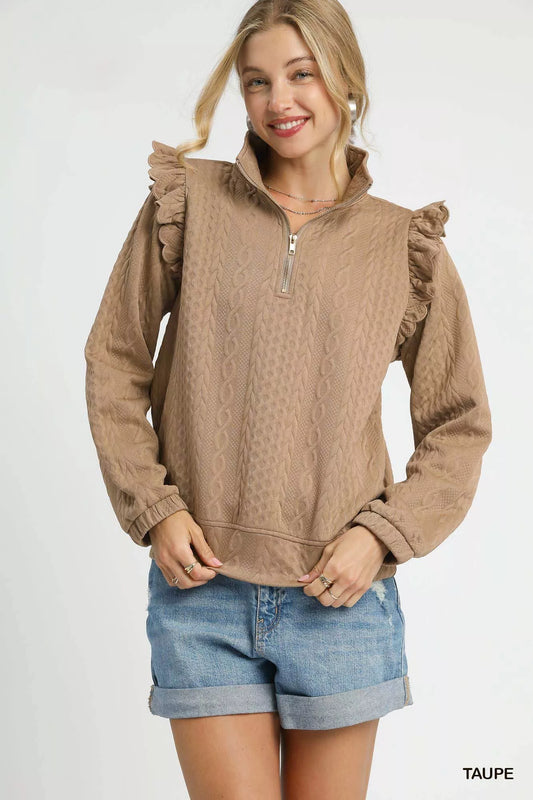 Umgee Cable Knit Textured Pullover with Ruffle Shoulders