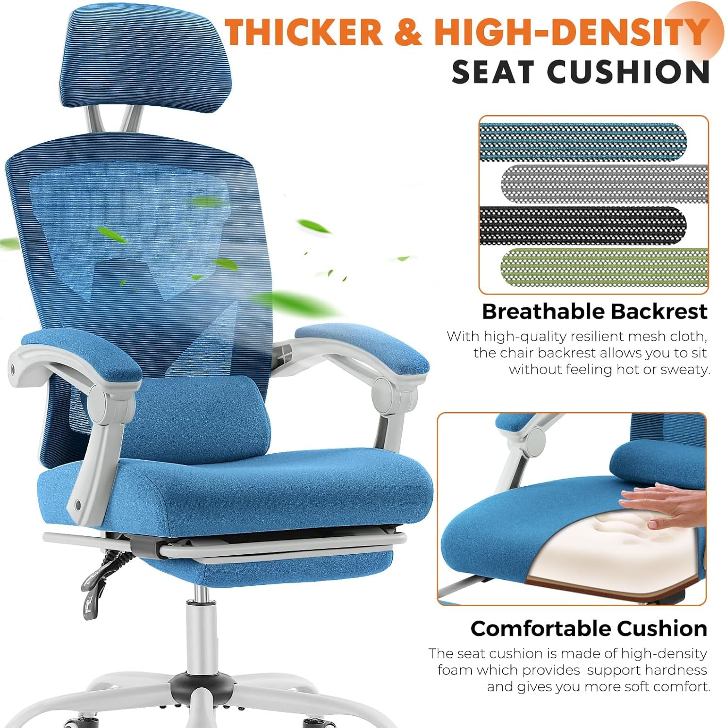 Office Computer Desk Chair, Ergonomic High-Back Mesh Rolling Work Swivel Chairs with Wheels, Comfortable Lumbar Support, Comfy Arms for Home, Bedroom, Study, Student, Blue-2