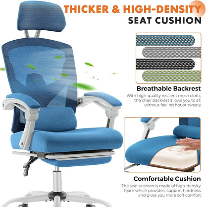 Office Computer Desk Chair, Ergonomic High-Back Mesh Rolling Work Swivel Chairs with Wheels, Comfortable Lumbar Support, Comfy Arms for Home, Bedroom, Study, Student, Blue-2