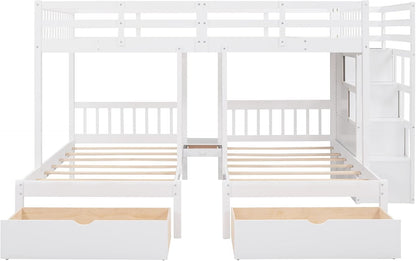 Triple Bunk Beds with Drawers, Wood Full over Twin & Twin Bunk Bed with Storage Staircase, Triple Bed for Kids,3 Bed Bunk Beds with Storage for Girls Boys,White-3