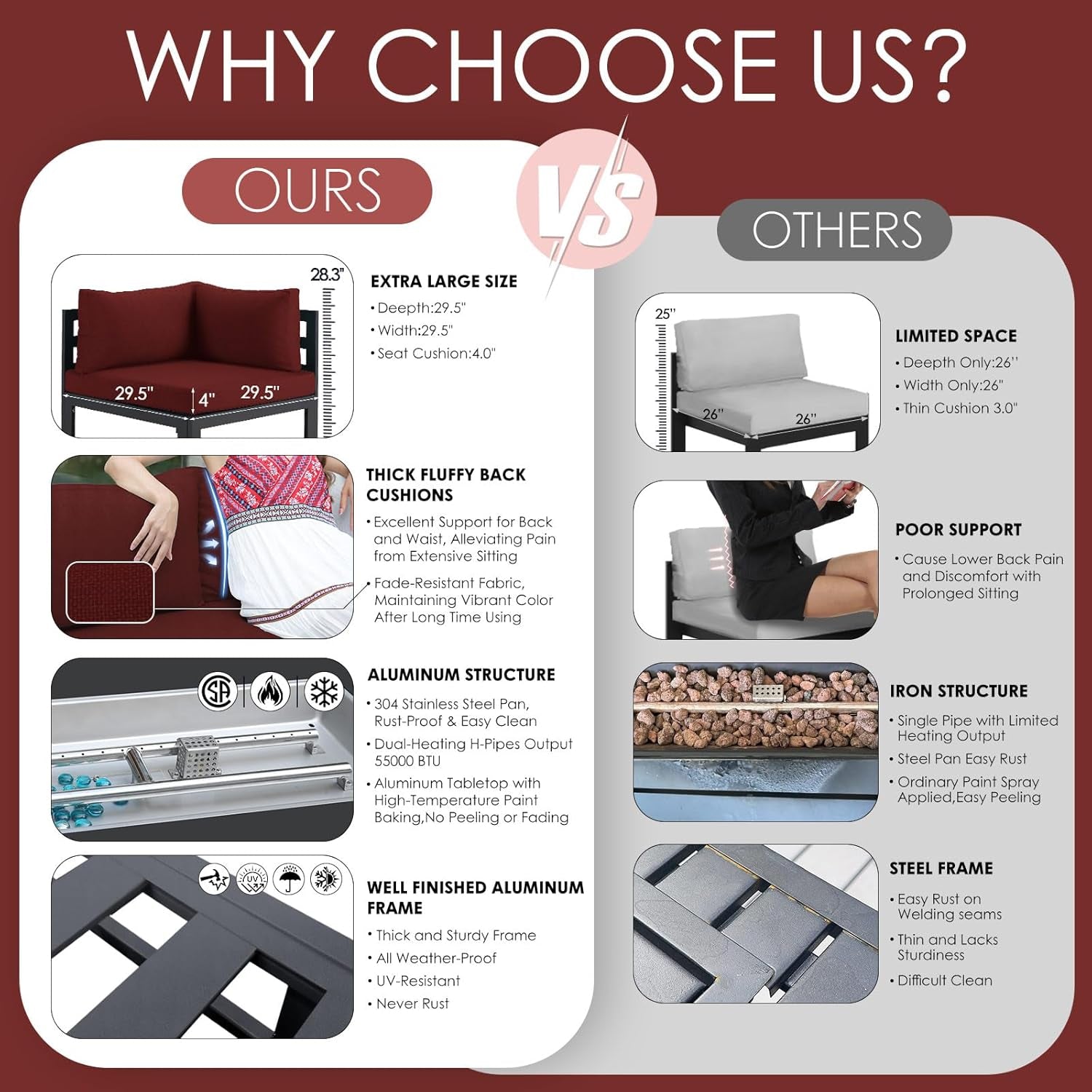 ® Modern Large Grey Aluminum Outdoor Patio Furniture Set with Propane/Natural Gas Fire Pit Table, 29'' Deep Wide Seating Conversation Sofa L Shaped Sectional Couch Set (6 Pieces, 5 Seats)-2