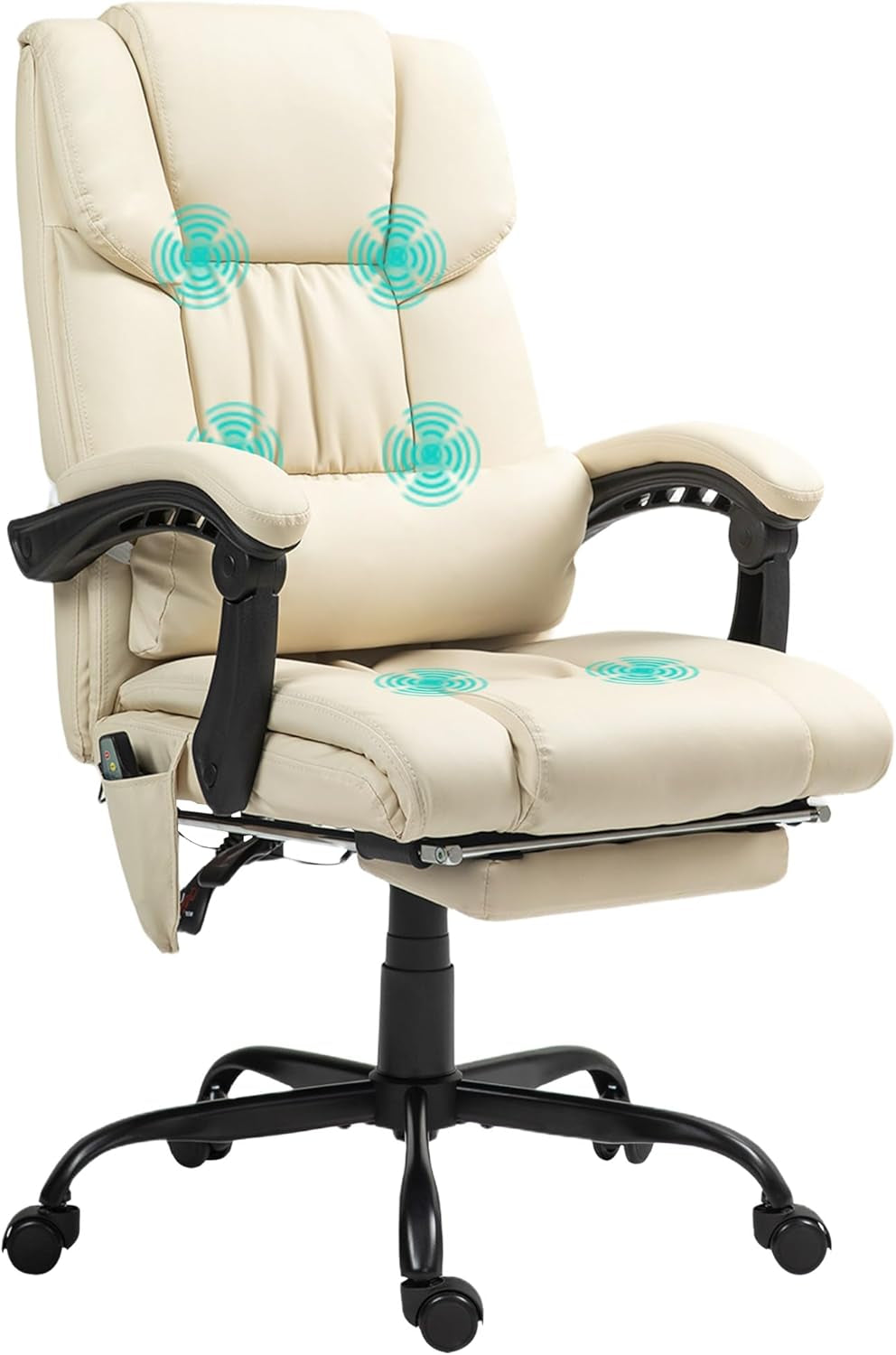 High Back Massage Office Chair with 6 Vibration Points, PU Leather Reclining Computer Chair, Ergonomic Desk Chair with Footrest Adjustable Height and Remote, Beige-0