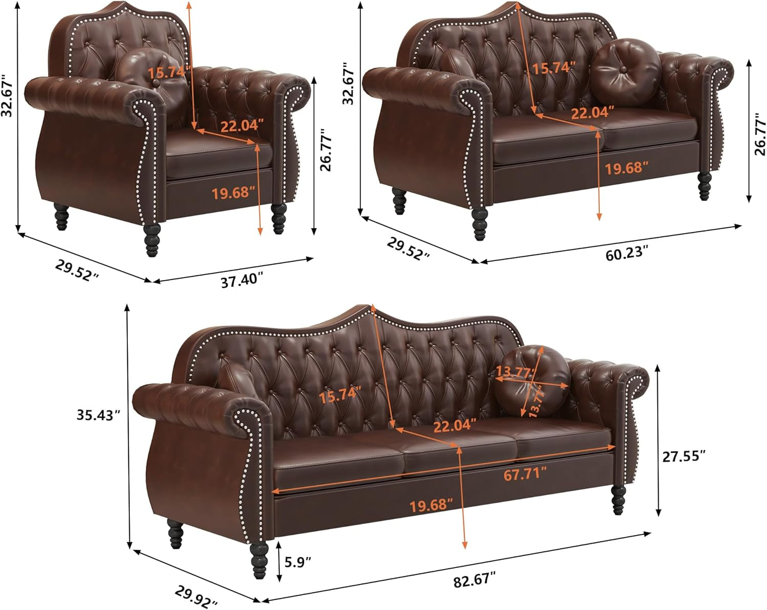 2 Piece Living Room Set, Mid-Century Modern Upholstered Chesterfield Chair Loveseat with Tufted Button and Pillows, Upholstered PU Leather Sofa Couch for Living Room, Office, Brown-1