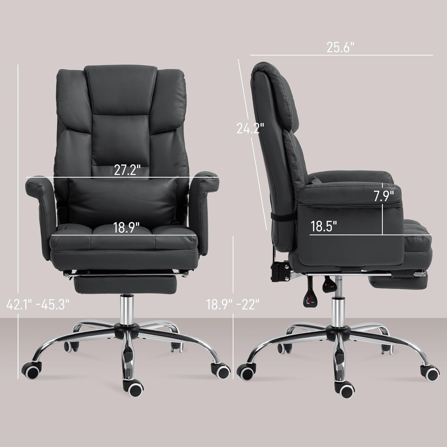Executive Office Chair with Footrest and Lumbar Support, PU Leather Ergonomic Office Desk Chair, Reclining and Swivel Chair, Black-2