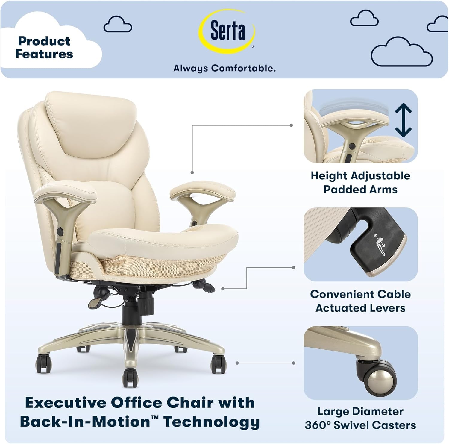 Ergonomic Executive Office Chair Motion Technology Adjustable Mid Back Design with Lumbar Support, Ivory Bonded Leather-2