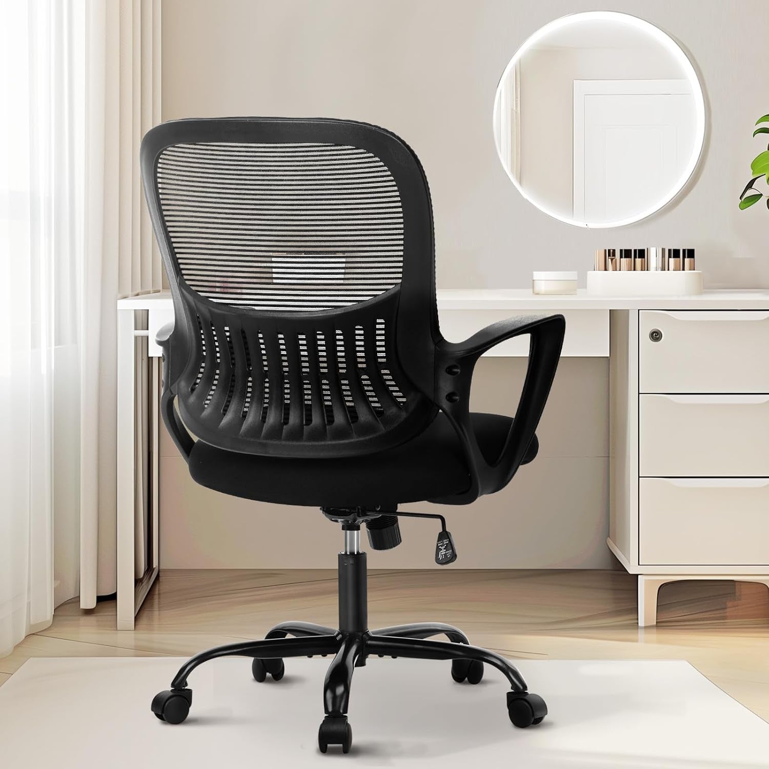 Office Computer Desk Managerial Executive Chair, Ergonomic Mid-Back Mesh Rolling Work Swivel Chairs with Wheels, Comfortable Lumbar Support, Comfy Arms for Home,Bedroom,Study,Student,Black-0