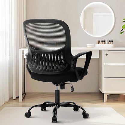 Office Computer Desk Managerial Executive Chair, Ergonomic Mid-Back Mesh Rolling Work Swivel Chairs with Wheels, Comfortable Lumbar Support, Comfy Arms for Home,Bedroom,Study,Student,Black-0