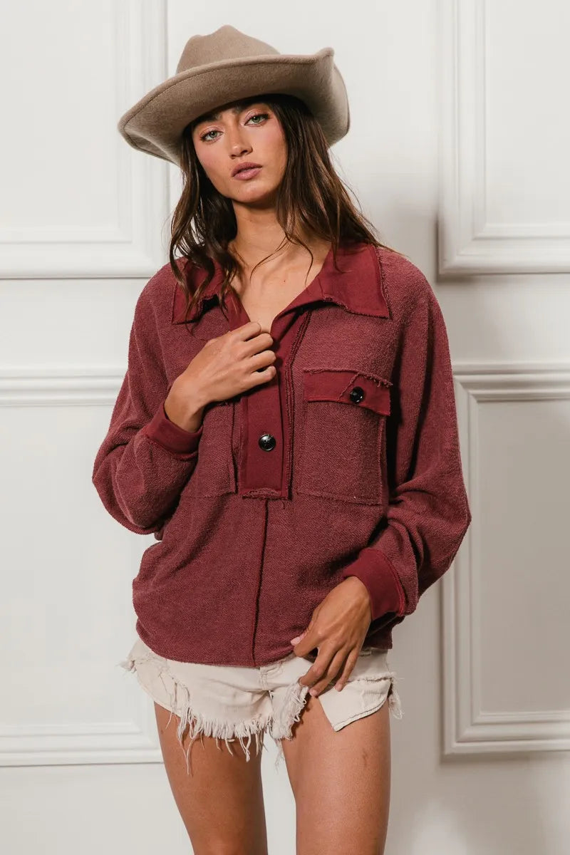 BiBi Cp French Terry Cut Edge Detail Collared Top