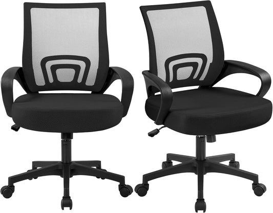 Office Chair Mid Back Swivel Lumbar Support Desk Chair, Height Adjustable Computer Ergonomic Mesh Chair with Armrest Black, 2-Pack-0