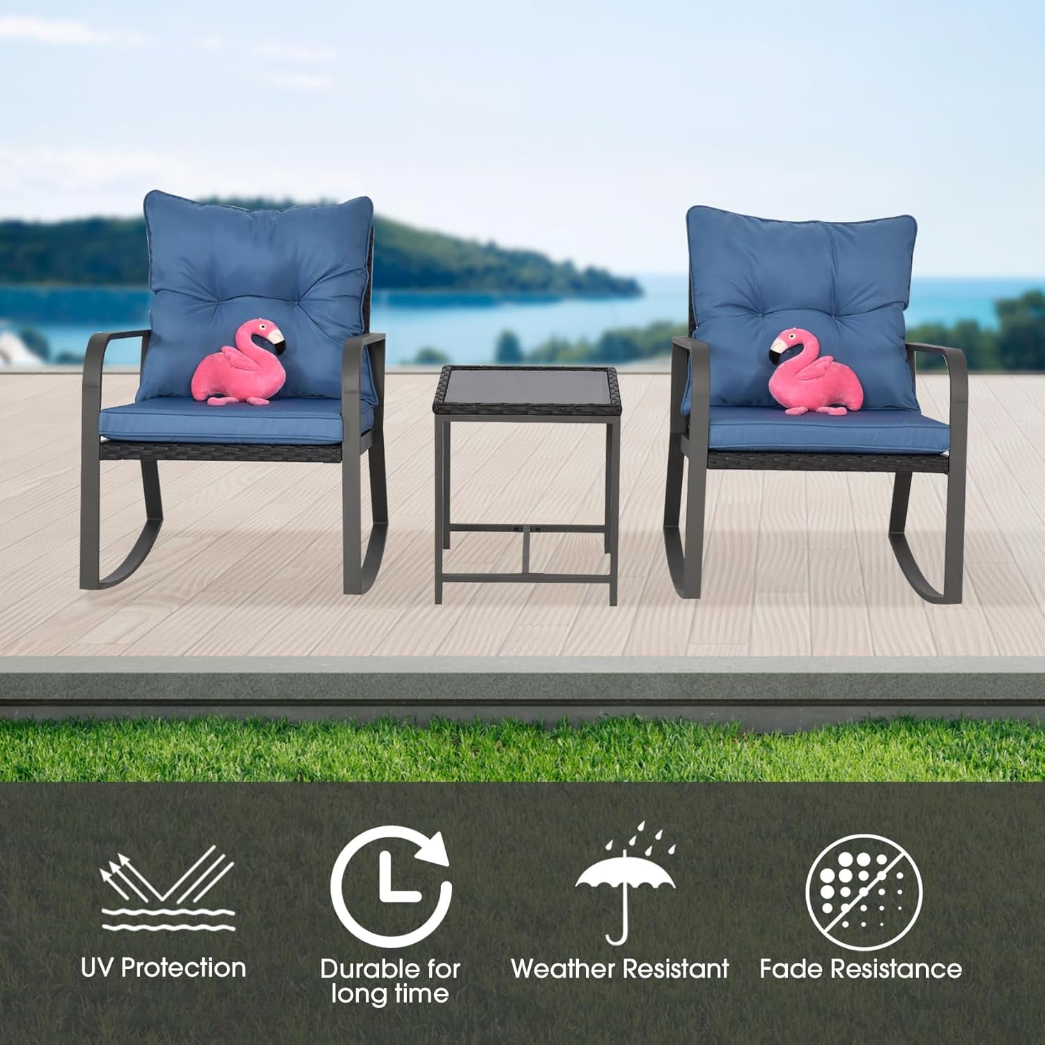 3 Pieces Patio Bistro Set Outdoor Rocking Chair W Cushion for Yard Garden Poolside (Blue)-1