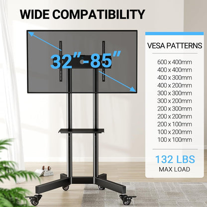 Rolling TV Stand for 32-85 Inch Tvs Holds up to 132 Lbs, Height Adjustable Mobile TV Cart with Wheels, Mobile TV Stand with Tray, Portable TV Stand for 4K Tvs Max VESA 600X400Mm PSTVMC01-1