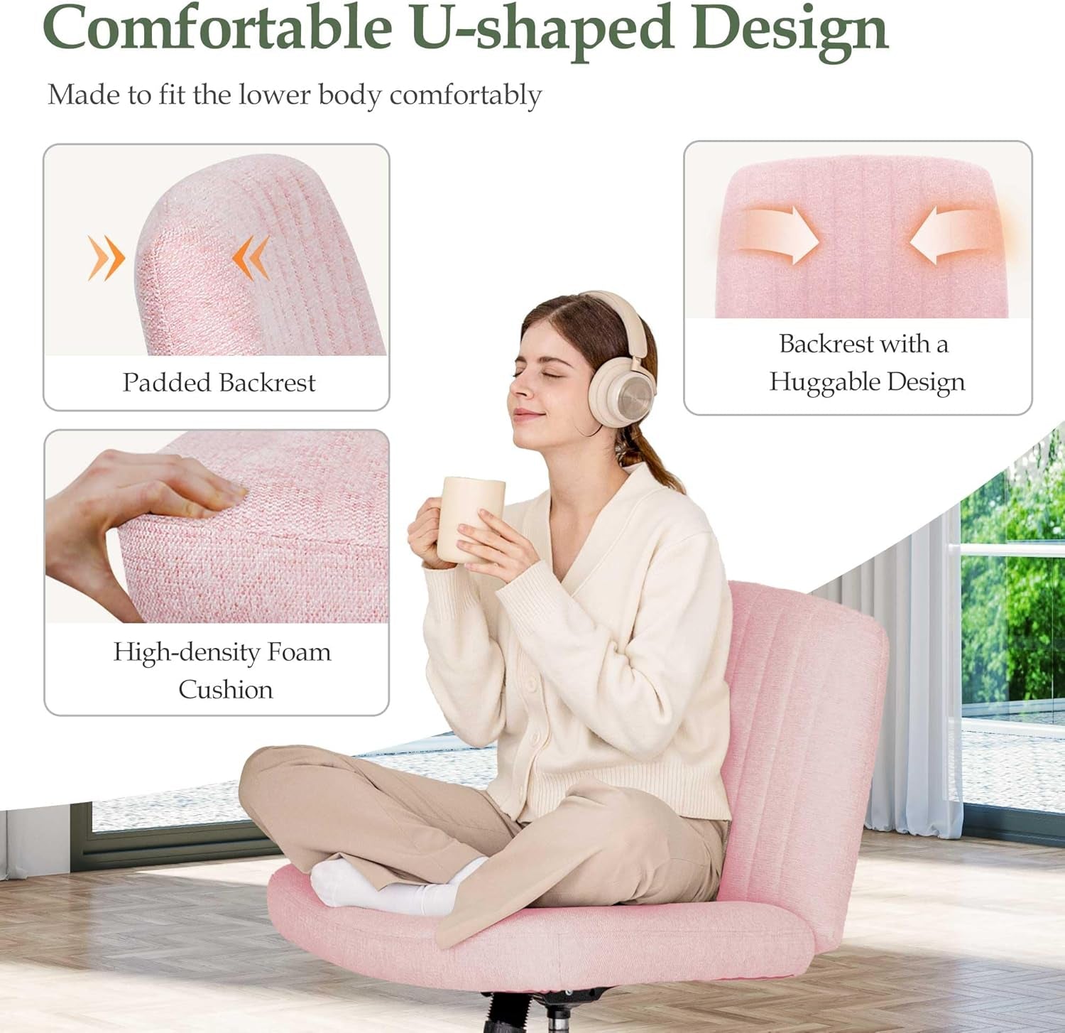 Criss Cross Chair with Wheels, Armless Cross Legged Office Desk Chair, Wide Comfy Vanity Rolling Swivel Modern Comfortable Fabric Computer Task Chairs for Home Office (Pink)-3