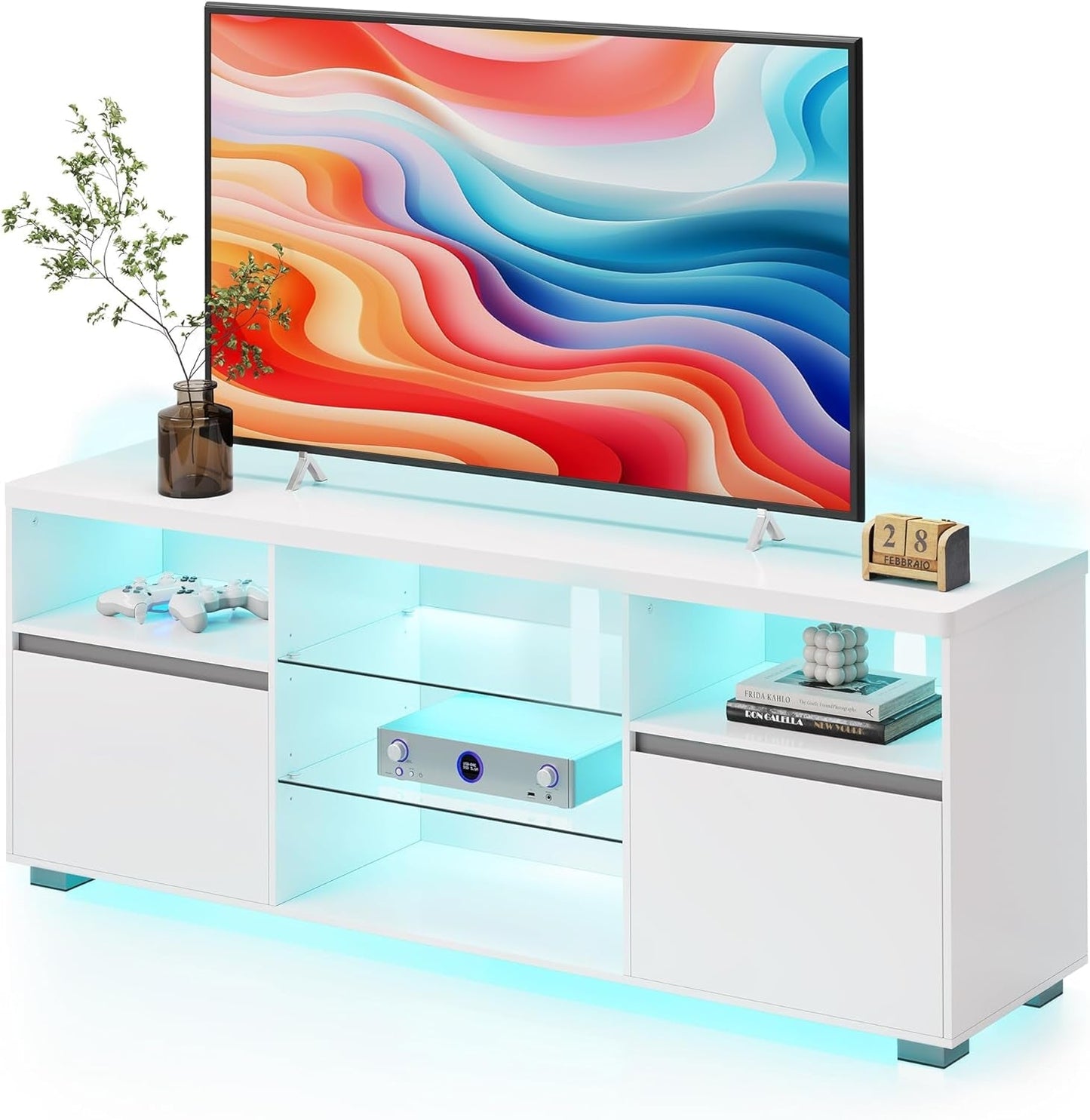 TV Stand with LED Lights for Tvs up to 70 Inch, Entertainment Center with Open Glass Shelves, 2 Cabinets with Doors, 63-Inch Long, TV Console for Bedroom Living Room, White ULTV330T10-0