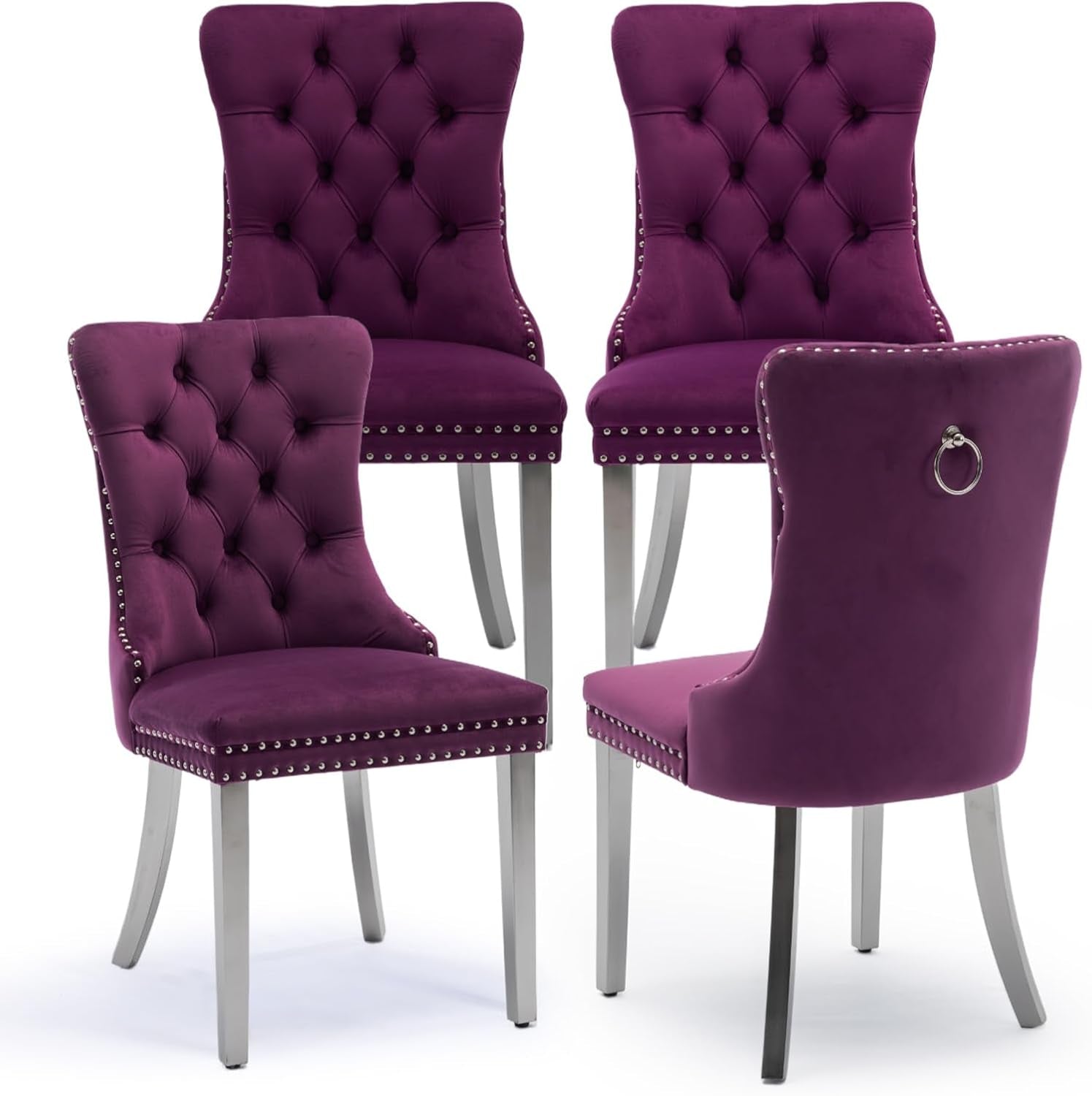 Velvet Upholstered Dining Chairs Set of 4, Modern Kitchen Side Chairs with Nailhead Trim and Silver Plated Leg, Metal Pulling Ring for Dining Room Living Room(Purple-Silver Plated Leg)-0