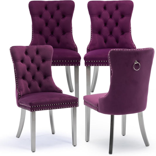 Velvet Upholstered Dining Chairs Set of 4, Modern Kitchen Side Chairs with Nailhead Trim and Silver Plated Leg, Metal Pulling Ring for Dining Room Living Room(Purple-Silver Plated Leg)-0