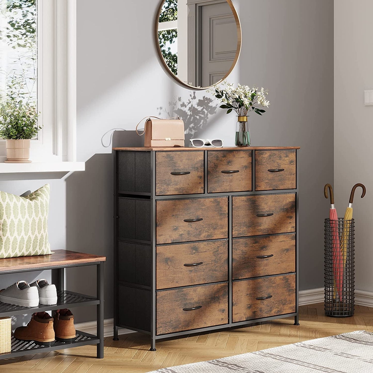 Dark Grey Chest of Drawers with Wood Top and Nightstand-3