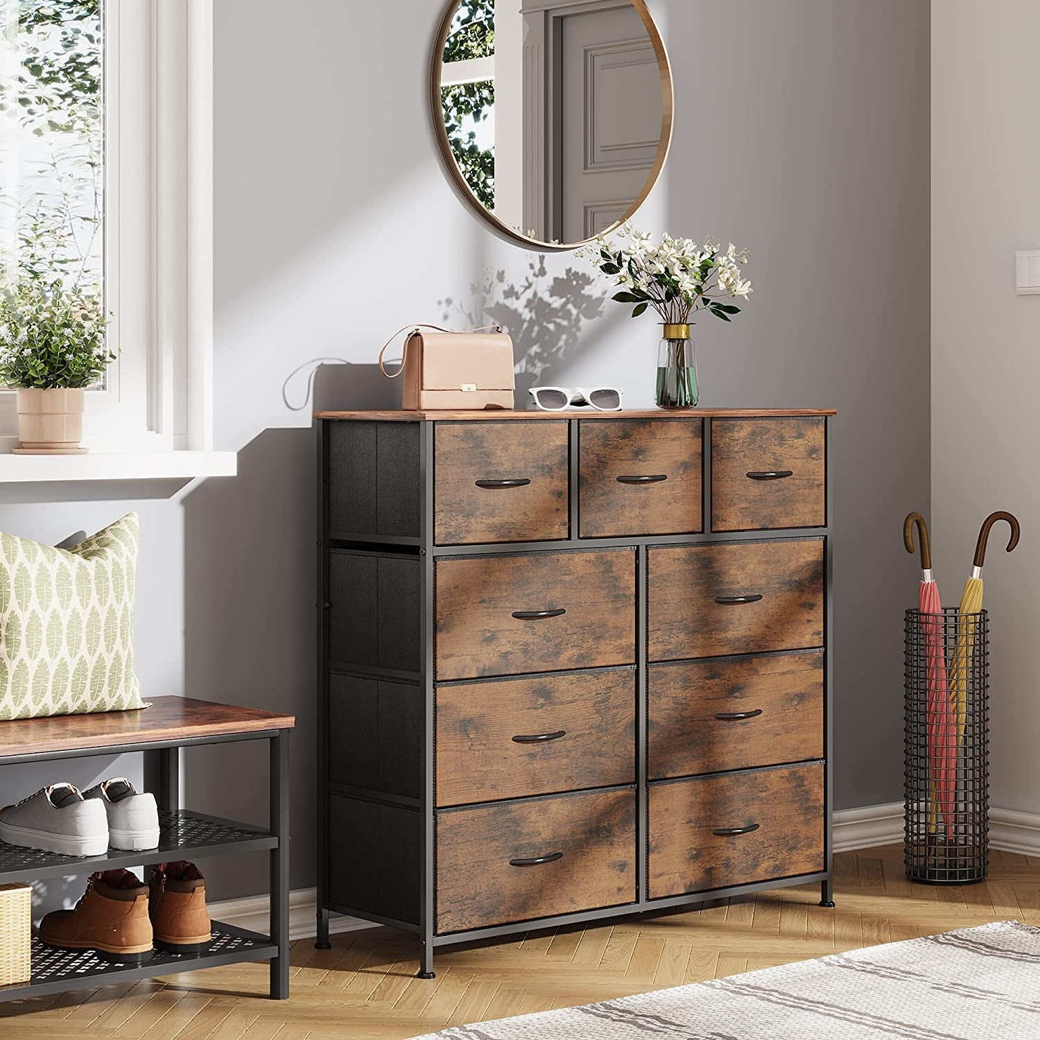 Dark Grey Chest of Drawers with Wood Top and Nightstand-3