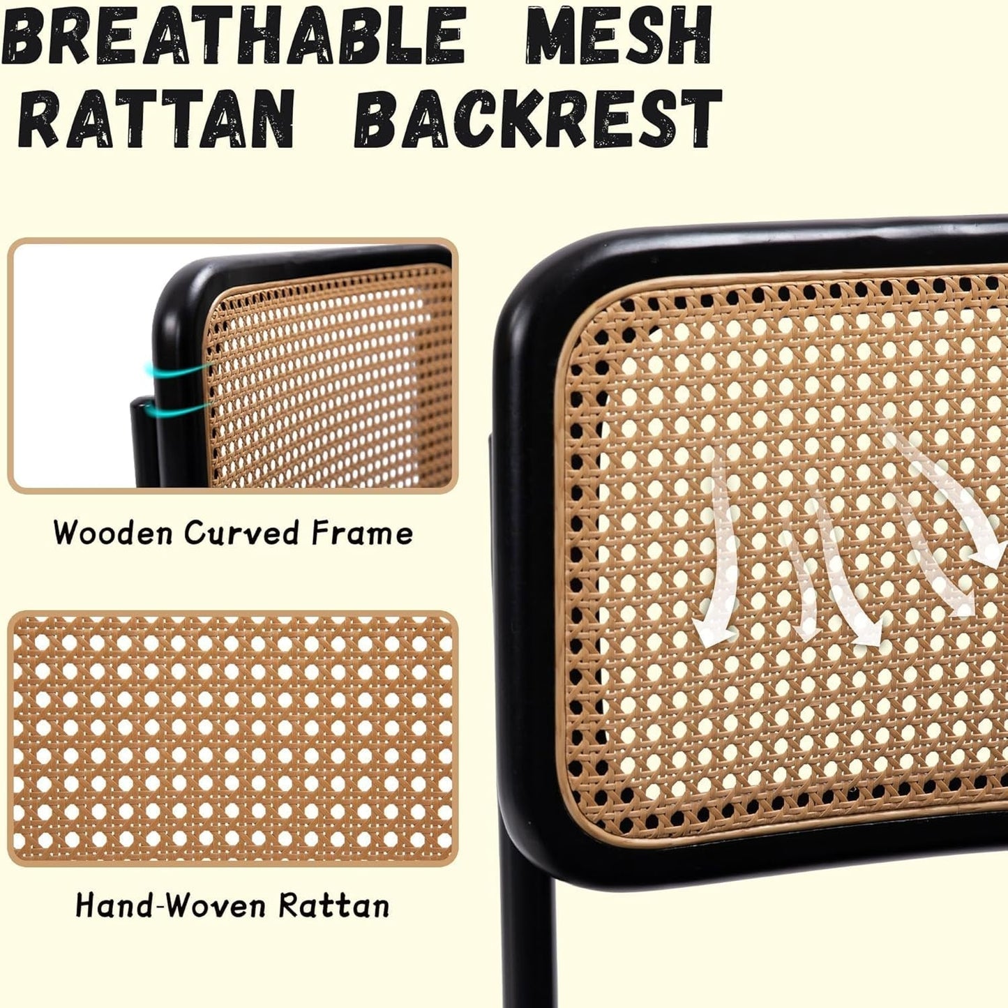 Modern Cesca Cane Dining Chairs, Set of 2, Handwoven Rattan Cane Back, Chrome Base, Upholstered Boucle Seat, Ideal for Kitchen or Dining Room, Black-4