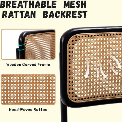 Modern Cesca Cane Dining Chairs, Set of 2, Handwoven Rattan Cane Back, Chrome Base, Upholstered Boucle Seat, Ideal for Kitchen or Dining Room, Black-4