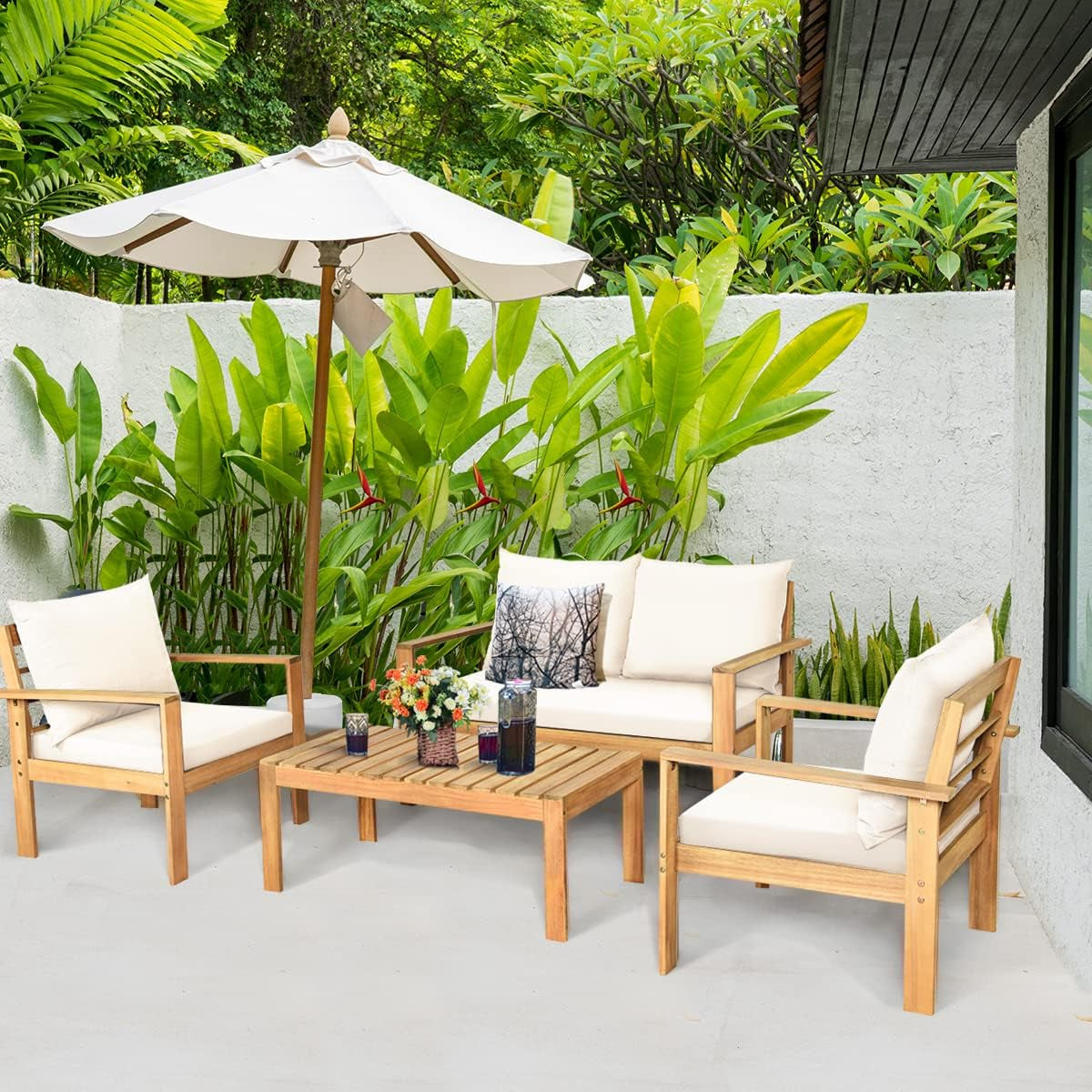 Outdoor 4-Piece Acacia Wood Chat Set, 4 Seater Acacia Wood Conversation Sofa and Table Set with Water Resistant Cushions, Teak Finished (1, White)-1