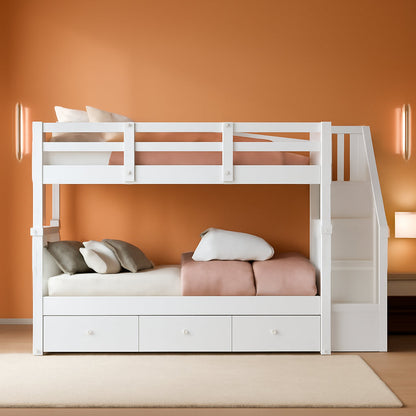 Twin over Twin Bunk Bed with Stairs and Guard Rail, Twin Size Bunk Beds with Storage Drawers,Wooden Bunk Bed Frame for Bedroom, Dorm, Kids, Teens, Adults,White-0